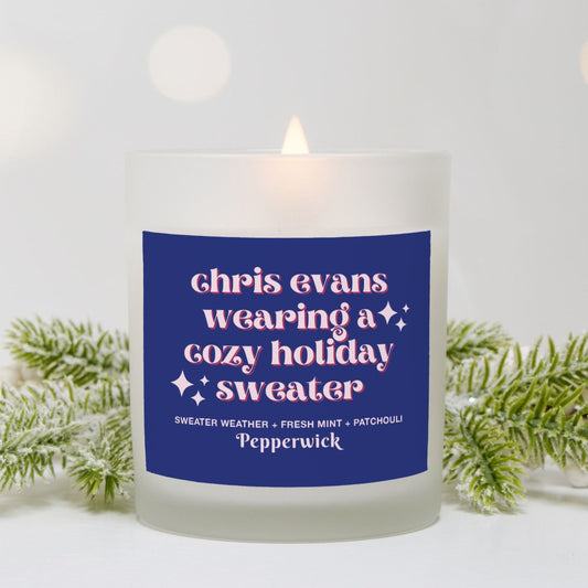 Chris Evans Wearing a Cozy Holiday Sweater Frosted Glass Wood Wick Candle